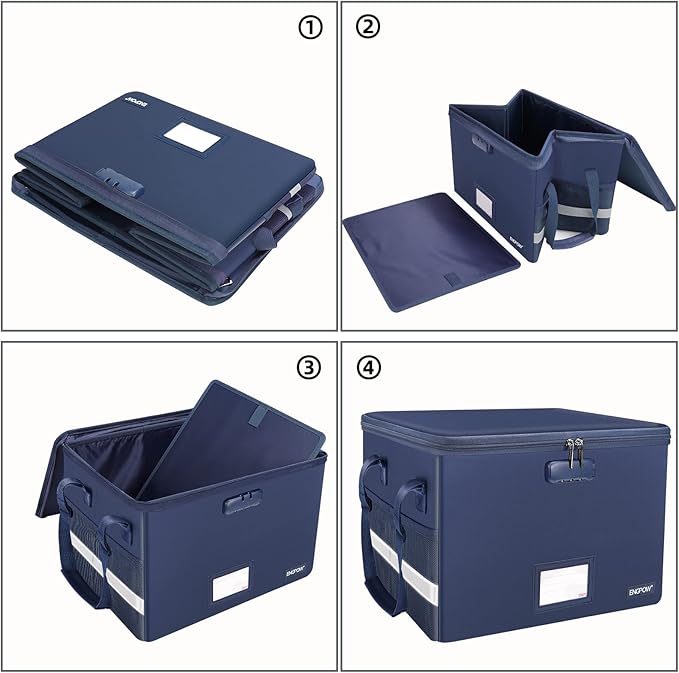 ENGPOW File Box with Lock, Fireproof Document Box with Pockets, Collapsible File Organizer Filing Storage Cabinet with Handle