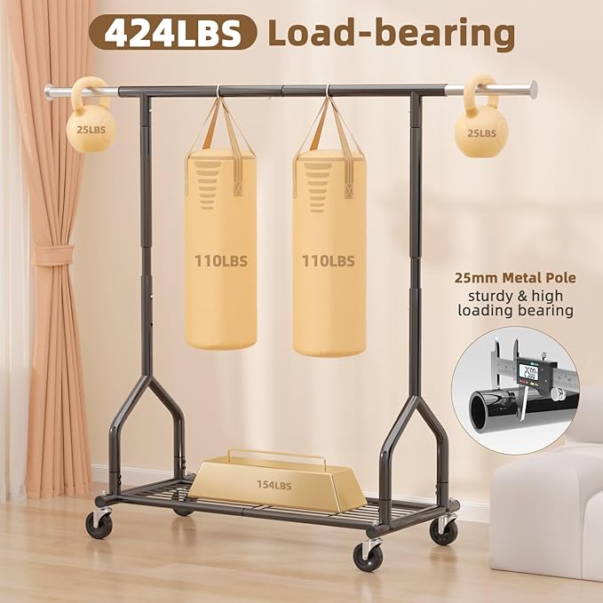 EAGMAK Heavy Duty Clothes Rack Load 424 LBS, Rolling Clothing Rack With Shelves, Adjustable Metal Clothes Hanger with Wheels,