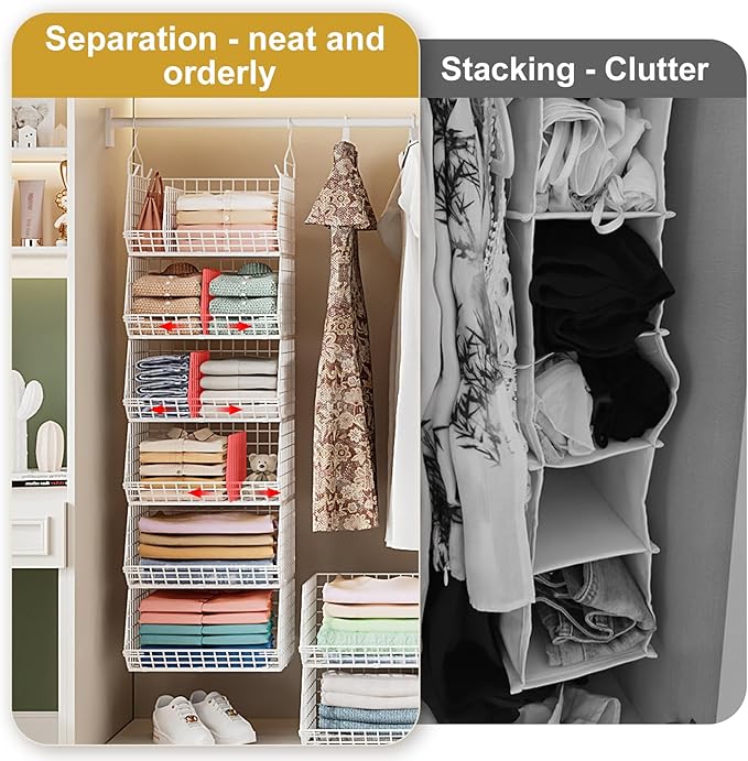 Jautokerdar 6 Tier Extra Large Hanging Closet Organizer, Closet Storage Hanging with Dividers, Wire Closet Shelf with 5 S Hoo