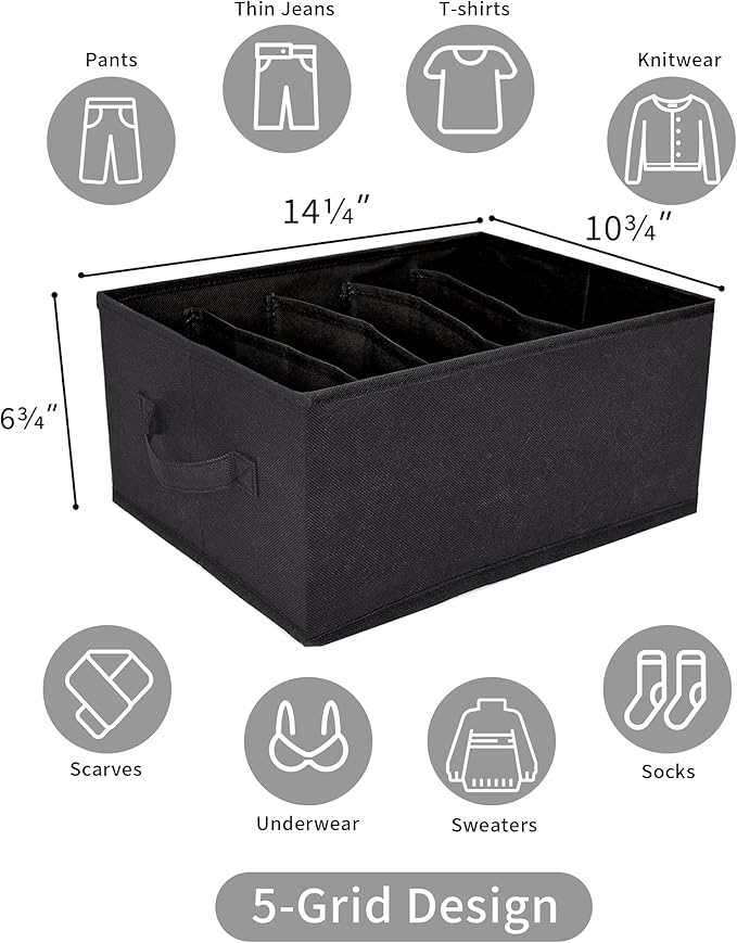 GRANNY SAYS 5-Grid Drawer Organizer: Storage Bins for T-Shirts, Pants, Sweaters & Scarves - Black Clothes Storage & Divider S