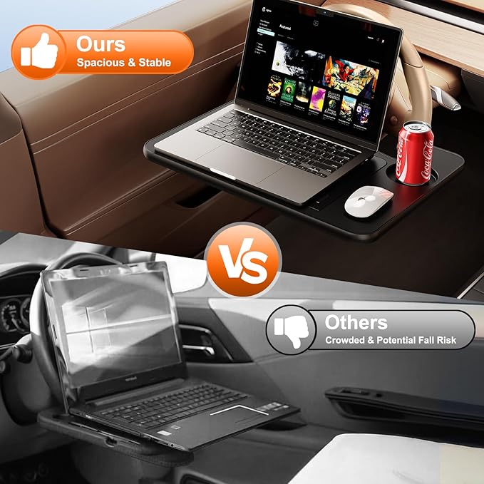 3 in1 Car Steering Wheel Tray Table for Laptop, Height Adjustable Car Table Tray for Driver, Car Food Tray with Drinks Holder,Multipurpose Travel Car Accessories for Long Road Trips-Black