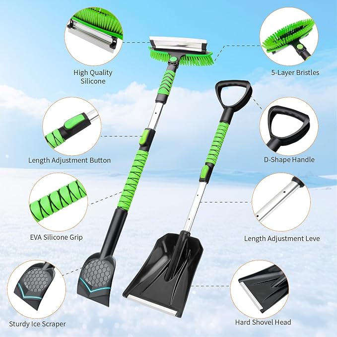 43.3'' Snow Shovel & Snow Brush with Ice Scrapers for Car Windshield,5-in-1 Extendable Thicken Aluminum Tube,180° Pivoting Brush Head & Foam Grip for Christmas, Cars, Trucks, SUVs, Vehicle（Green