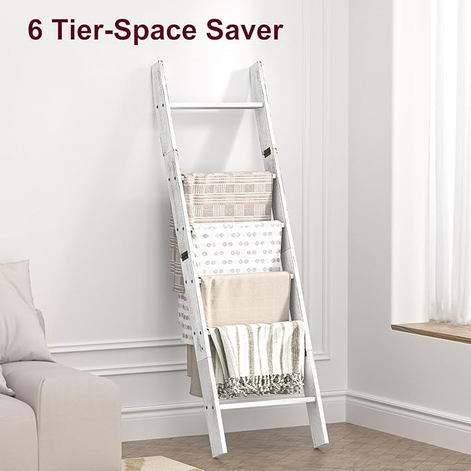 Honest Blanket Ladders for The Living Room, 6-Tier Blanket Holder, Wall-Leaning Blanket Rack, Ladder Shelves, Wooden Quilt La