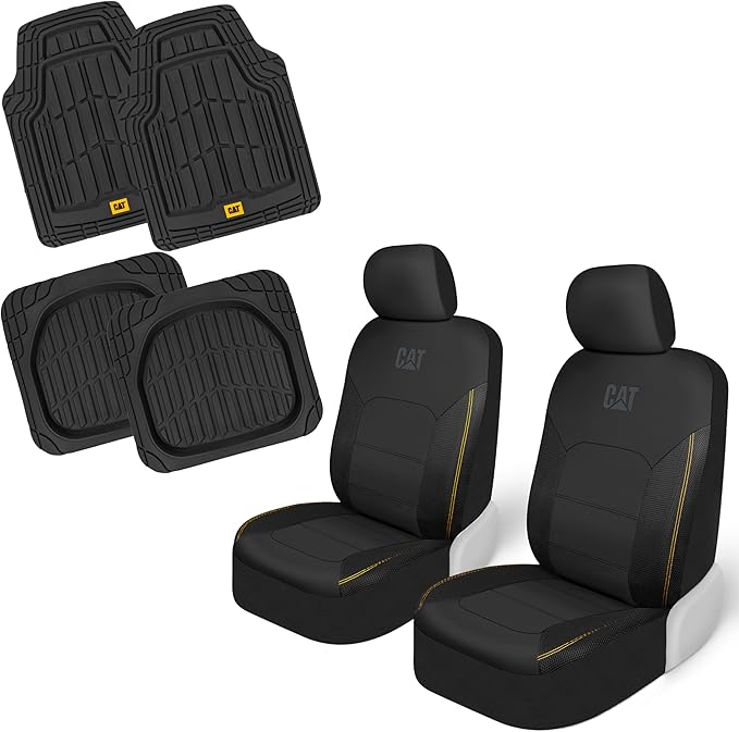 CAT PU Leather Seat Covers for Cars – (2) Front Seat Covers with (4) All-Weather Heavy-Duty Floor Mats for Trucks, Cars, & SU