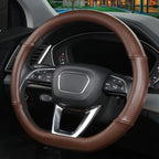 Cxtiy D Shaped Steering Wheel Cover, Genuine Leather Flat Bottom Stearing Wheel Cover Luxury Car Accessories 14 1/2-15 inch (Brown)