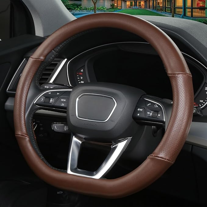 Cxtiy D Shaped Steering Wheel Cover, Genuine Leather Flat Bottom Stearing Wheel Cover Luxury Car Accessories 14 1/2-15 inch (Brown)