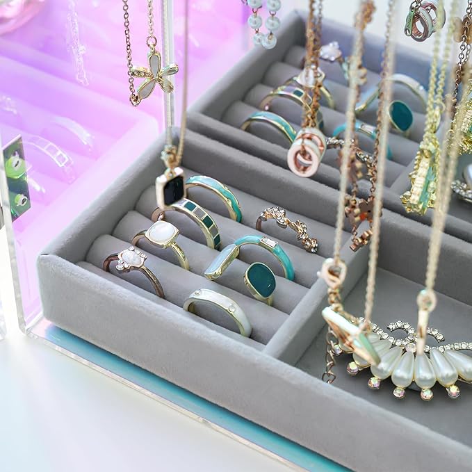 Lolalet Necklace Holder Organizer, Acrylic Jewelry Organizer with 24 Hooks, Rotating Clear Necklaces Display Box with Built-i