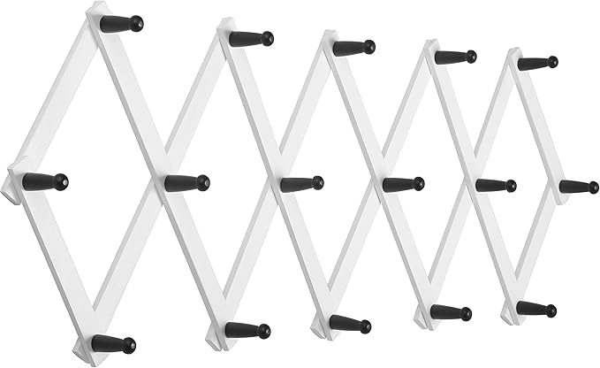 SKOLOO Accordion Wall Hanger with 16 Hooks, Modern Expandable Coat Rack Hat Rack for Wall, Solid Wooden, Black on White