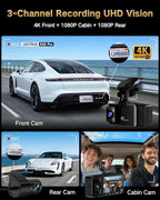 4K Dash Cam Front and Rear Inside, 3-Channel Cars Camera Dash with 170° Wide Angle, Free 64GB SD Card, 5.8GHz WiFi, Night Vis