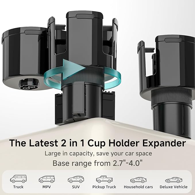 TYKOR Car Cup Holder Expander, 2 in 1 Cup Holder Extender Adapter with Expandable Base, Fits Yeti, Hydroflask, Large Water Bo
