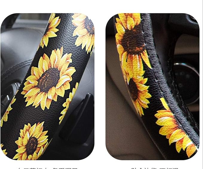 Dotesy Leather Flowers Car Steering Wheel Cover, Fashion Floral Steering Wheel Protector Universal for 36-38cm Anti Slip Auto