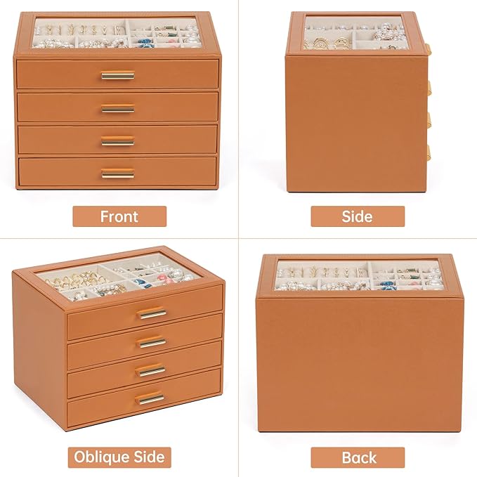 AKOZLIN Jewelry Box with Clear Lid Functional Leather Jewelry Storage Organizer Case 4 Drawers for Women Girls Necklace Ring 