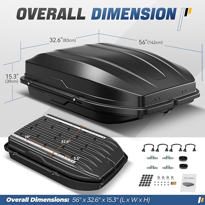 Auto Dynasty Roof Top Mount Car Storage Travel Luggage Box Cargo Carrier, 56.3 (L) x 36.8 (W) x 16.25 (H) Inches, Capacity 110 Pounds, 13 Cubic Feet (Tool-Free Install), Textured Black Finish