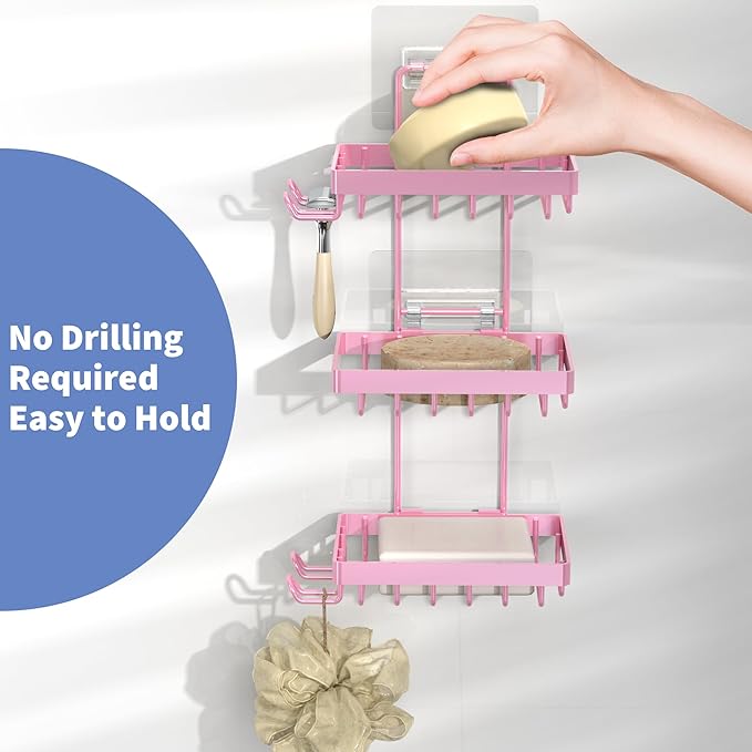 Moforoco 3 Tier Pink Soap Dish Holder for Shower Wall, No Drilling, 304 Stainless Steel, Soap Bar with 4 Hooks and Razor Hold