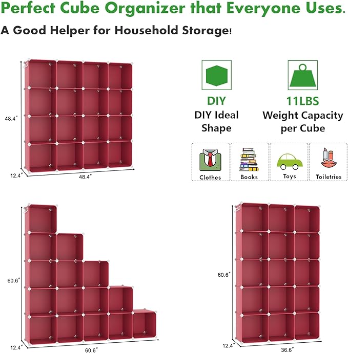 C&AHOME Cube Storage Organizer, 16-Cube Shelves Units, Plastic Storage Cubes, DIY Closet Organizer, Modular Closet Storage Sh