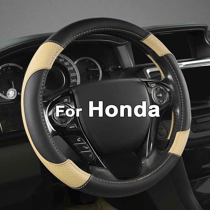 GIANT PANDA Microfiber Leather Steering Wheel Cover for Honda Accord,Civic,CR-V,HR-V,Pilot(Diamond-Pattern-Black+Beige-Standa