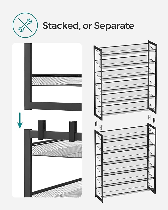 SONGMICS Shoe Rack, 12-Tier Shoe Organizer, Metal Shoe Storage for Garage, Entryway, Set of 2 6-Tier Stackable Shoe Shelf, wi