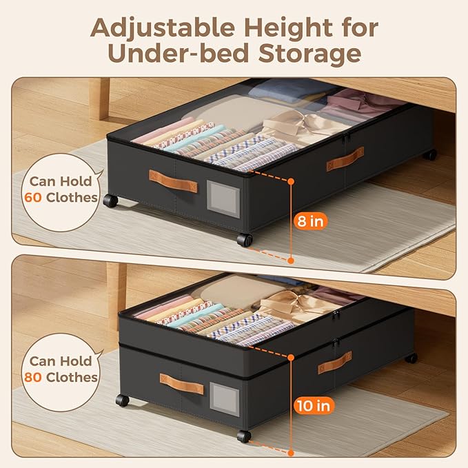 Under Bed Storage with Wheels, Large Capacity UnderBed Containers with Clear Lids, Shoe Organizer Under Bed Drawers, Rolling 