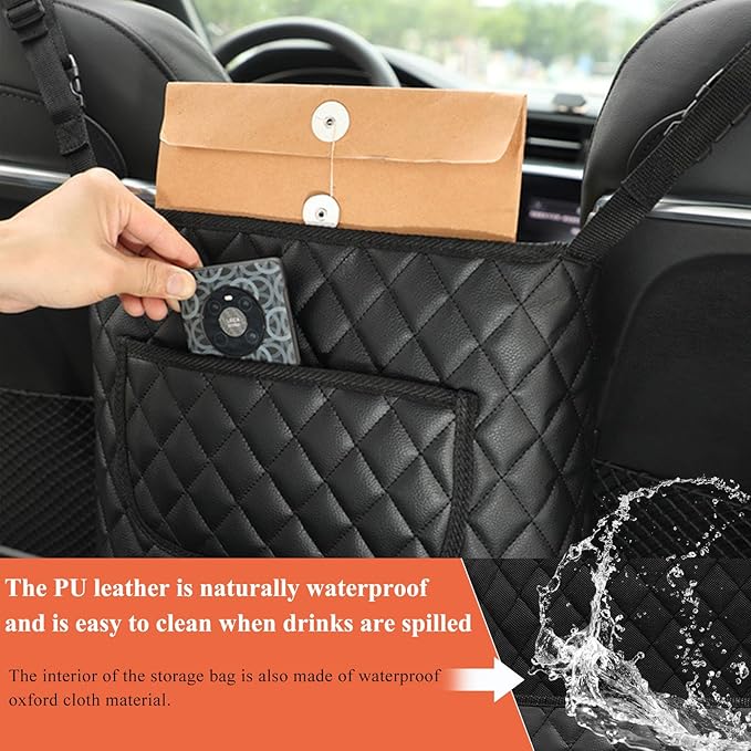 Car Purse Holder Between Seats, Large Capacity Leather Auto Front Seat Handbag Organizer Pocket, Backseat Barrier Storage Bag for Kids Pet, Universal Interior Car Accessories