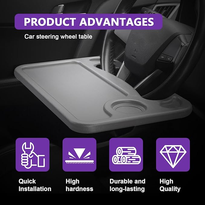 Car Steering Wheel Desk Tray for Laptop and Eating 2 in 1 Multipurpose Travel Accessory with Drink and Pen Holder Compatible with Most Vehicles Grey