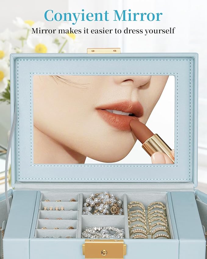 TORIBIO Jewelry Box for Women, Leather Jewelry Organizer with Mirror & Lock, 3-Tier Jewelry Storage Organizer with 2 Drawers 