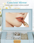 TORIBIO Jewelry Box for Women, Leather Jewelry Organizer with Mirror & Lock, 3-Tier Jewelry Storage Organizer with 2 Drawers 