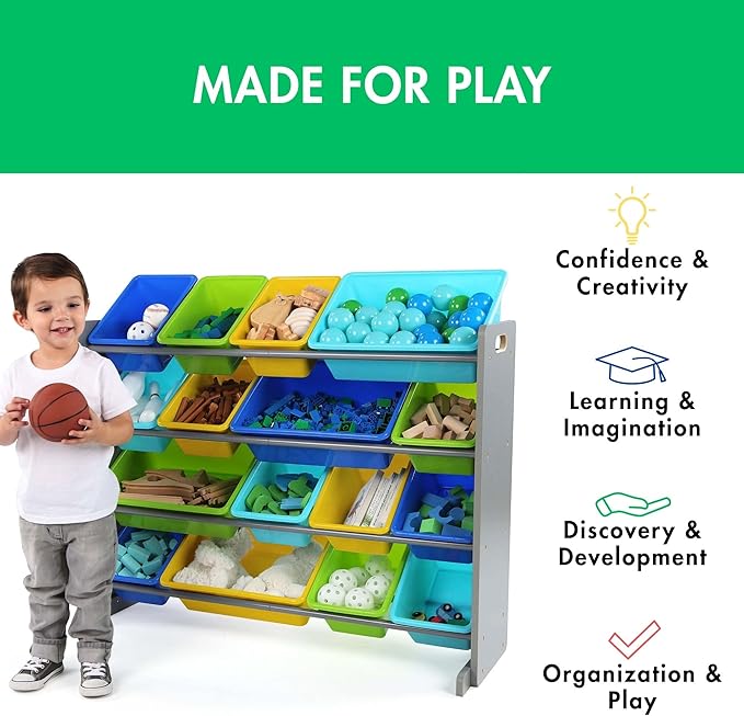 Humble Crew Supersized Toy Storage Organizer with 16 Removable Bins, Grey/Blue/Green/Yellow – Large Toy Storage for Toddlers 