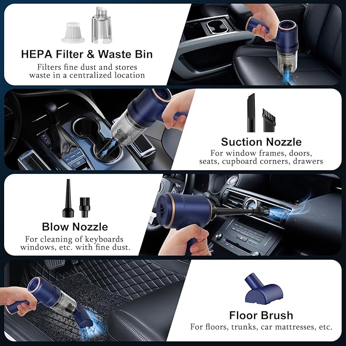 KMM Handheld Car Vacuum Cleaner, 9000Pa Vacuum Cleaner and Air Duster, 120W High Power Hand Held Vacuum with LED Light and Mu