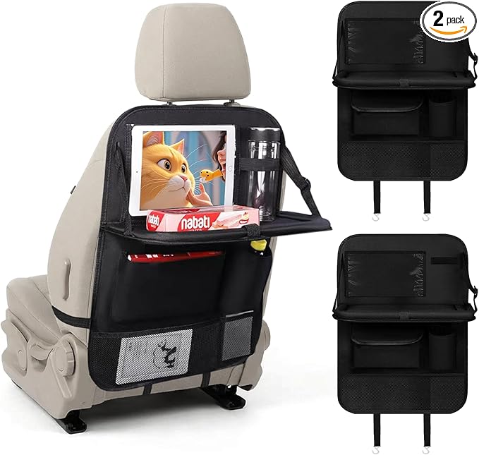 2PCS Car Backseat Organizer with 10" Tablet Holder, Waterproof Oxford Fabric Auto Back Seat Protector Kick Mat, Multi-Pocket Back Seat Organizer Storage, Travel Car Accessories (With Tray)