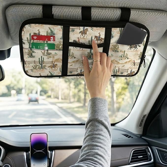 Racing Horse Car Sun Visor Organizer, Lightweight Derby Visor Organzier Universal Fit for Trucks, SUVs, Vehicles Zipper Pouch Cars Accessories for Women Men Organizes Essentials