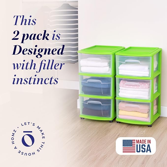 HOMZ 2-Pack Drawer Tower, 3-Tier Clear Plastic Storage Organizer Cart, Bold Lime Frame - Organizing Containers with Wheels fo
