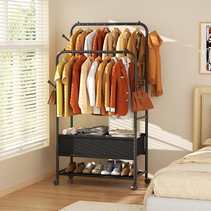 Furologee Clothing Racks for Hanging Clothes, Portable Rolling Garment Rack, Sturdy Metal Freestanding Clothes Rack with Whee