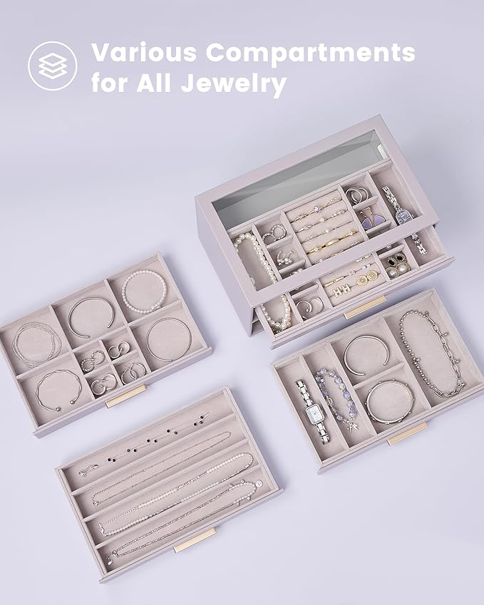 Lolalet Jewelry Box Organizer, 8-Layer Jewelry Organizers and Storage Case with Glass Lid, Ring Earring Bracelet Necklace Hol