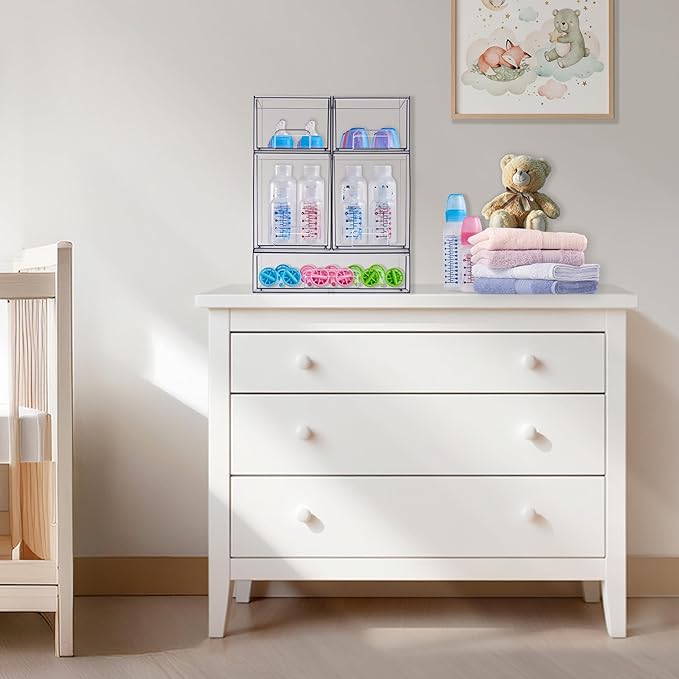 Sorbus Stackable Acrylic Storage Drawers – 2 Tall + 1 Wide – 3 Pack Clear Plastic Organizer Bins for Baby Bottles, Makeup, Ba