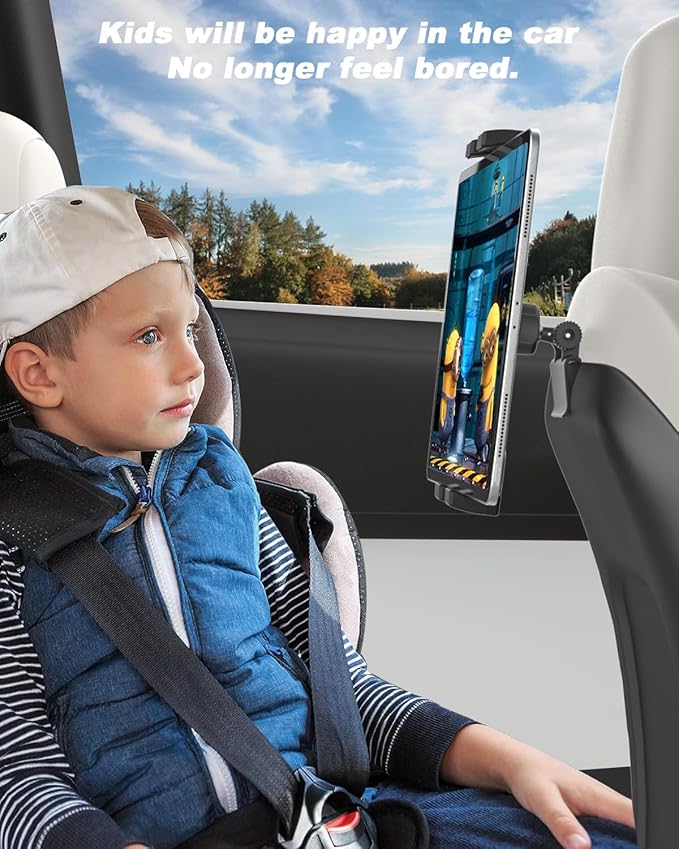 Tesla Tablet Mount Back Seat, Tesla Model Y Model 3 Headrest Tablet Holder for Kids [Metal Ball Head & 360° Rotation] for iPad Pro 12.9 Air Mini, Galaxy Tab, Fire, Switch, iPhone, 4-13"