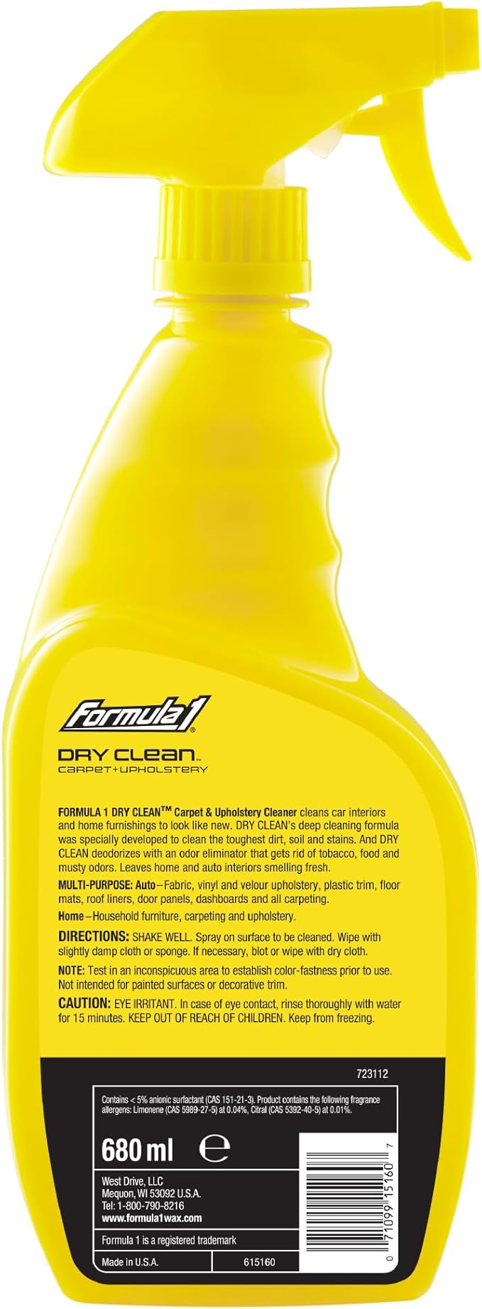 Formula 1 Dry Clean Carpet & Upholstery Cleaner - Stain Remover Spray for Car Seats & Floor Mats, Odor Eliminator for Interio
