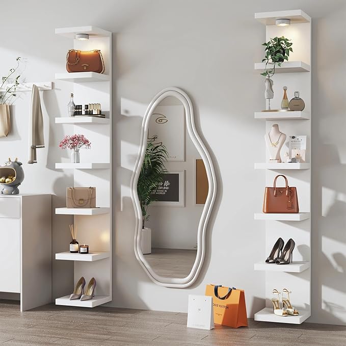 White 7-Tier Vertical Wall Shelf Unit with USB Rechargeable Led Light (Remote Controlled),Versatile Floating Display Shelves,