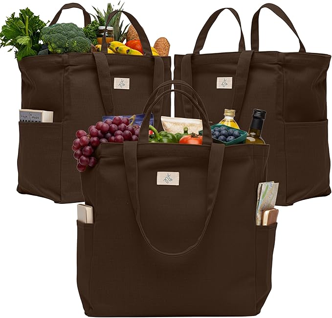 Nook Theory 3-Pack Reusable Grocery Bags - Heavy Duty, Large 12 Oz Cotton Canvas Reusable Shopping Bags With Pockets, 100% Cotton Cloth Grocery Totes, Foldable Multi Compartment (Mocha)