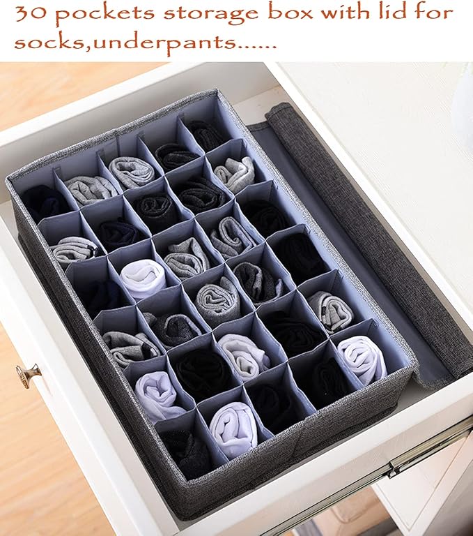 MURRI&MURRDI 2 Packs Sock and Underwear Storage Closet Organizer with Lids, 30 Cells Foldable Drawer Divider, Linen Cotton St
