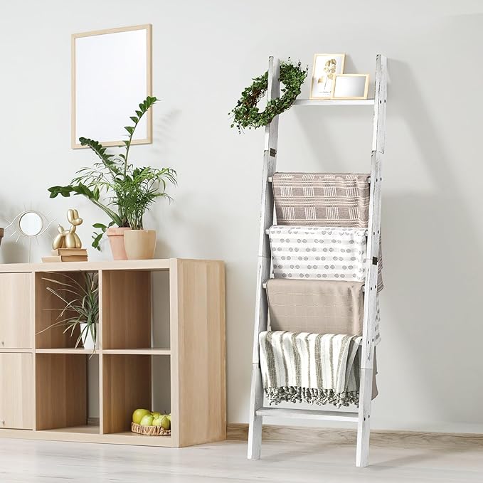 Honest Blanket Ladders for The Living Room, 6-Tier Blanket Holder, Wall-Leaning Blanket Rack, Ladder Shelves, Wooden Quilt La