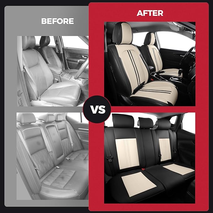 FREESOO Car Seat Covers Full Set, Leather Seat Covers for SUV, Beige Black Car Seat Covers Front Seats and Back, Waterproof C