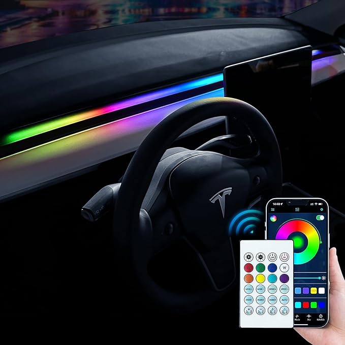 2025-2021 Tesla Model 3/Y Interior Neon Lights for Dashboard, RGBIC Color Changing LED Strip Lights with App & Remote Control & USB Hub(Not Fit for Model 3 Highland & Model Y Juniper)