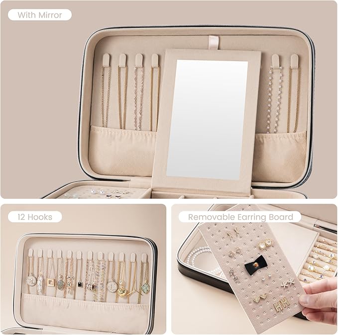 Lolalet Travel Jewelry Case for Women Girls, Travel Jewelry Organizer Box with Mirror & Clear Storage Bag, Small Portable Ear