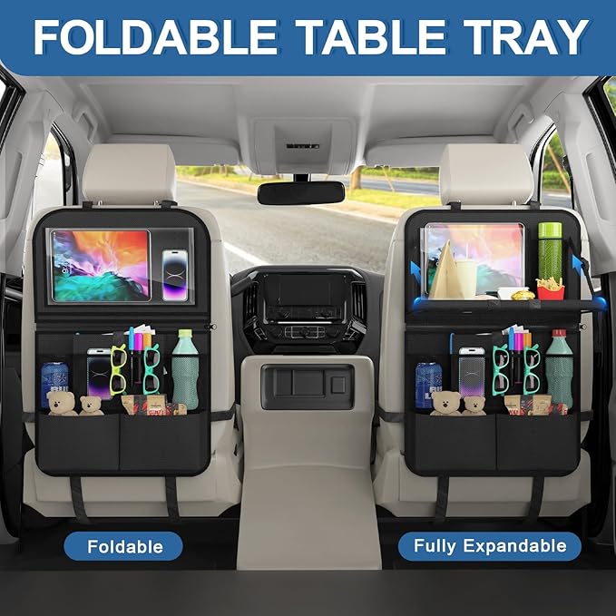 Car Backseat Organizer with Detachable Steering Wheel Tray, 11-Pockets Storage & Tablet Holder, Kids Kick Mats Protector - Travel Accessories (1-Pack)