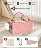 Pink Diaper Caddy Organizer – Portable Storage Basket with Shoulder Strap & Stroller Hooks, Splashproof Quilted Nursery & Car