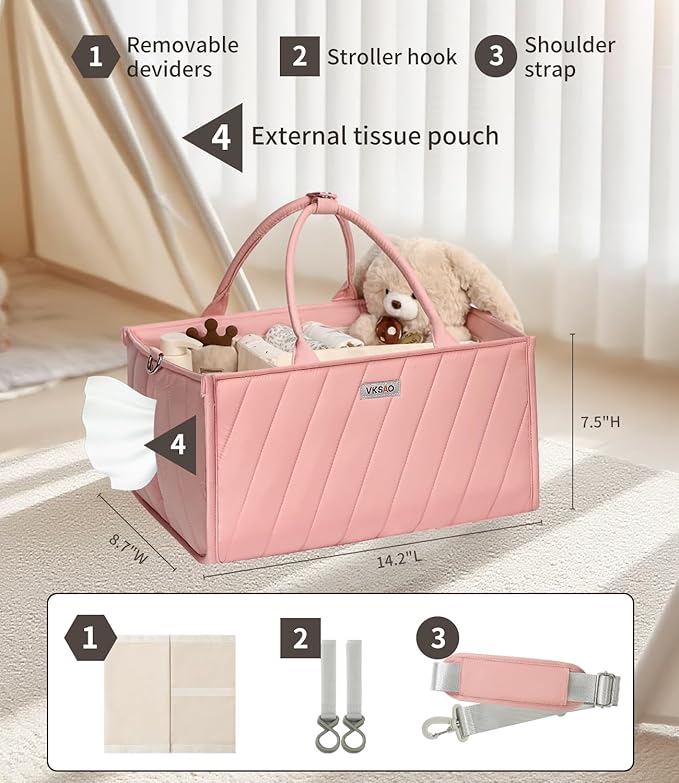 Pink Diaper Caddy Organizer – Portable Storage Basket with Shoulder Strap & Stroller Hooks, Splashproof Quilted Nursery & Car