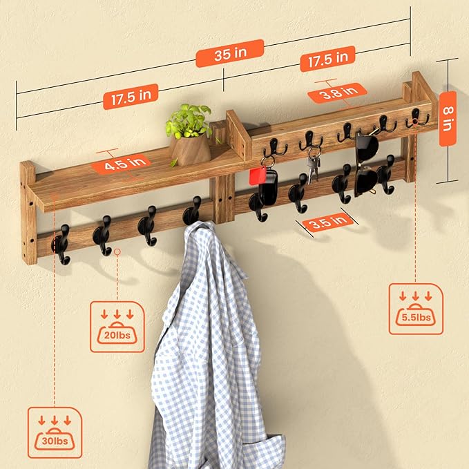 35'' Brown Coat Rack Wall Mount with Shelf, Solid Wood Coat and Key Hanger with 13 Metal Hooks, Farmhouse Wall Organizer for 