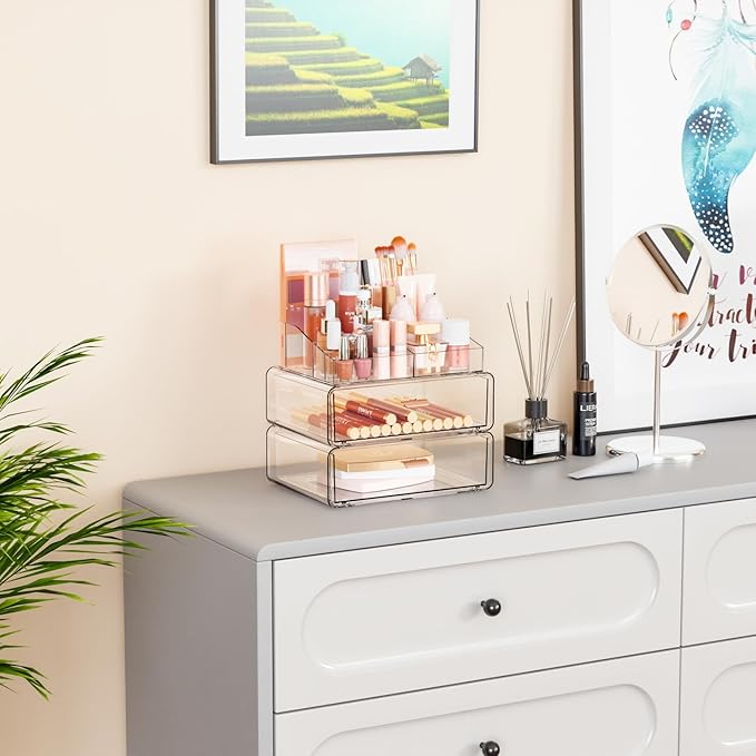 Yieach Clear Acrylic Makeup Organizers Countertop for Dresser,Desk,Bathroom Vanity,3 Tier Stackable Make up Holders and Makeu