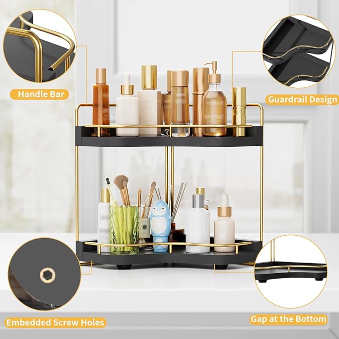 2-Tier Corner Bathroom Counter Organizer with Embedded Screw Holes, Secure & Stable Wood Vanity Shelf for Makeup and Skincare