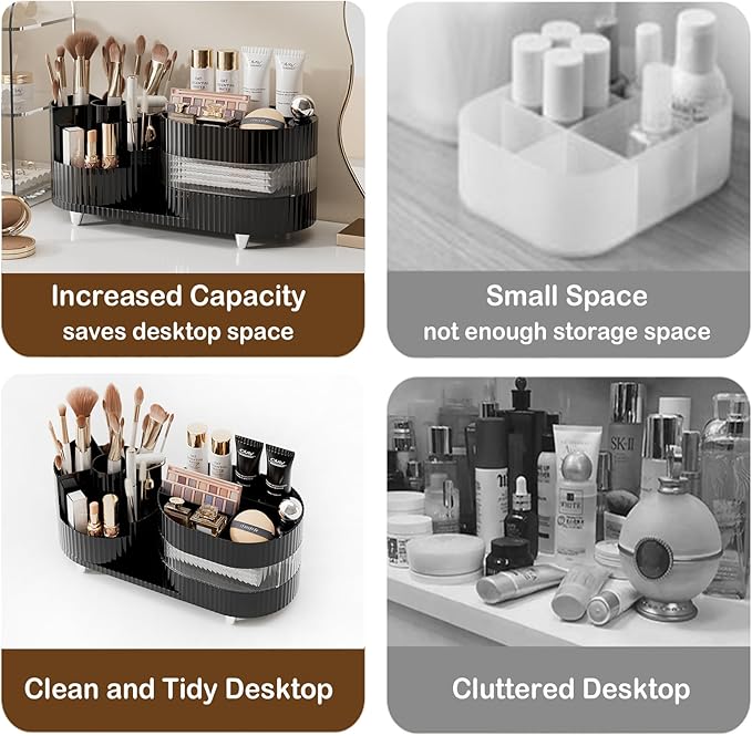 Rotating Vanity Organizer with Brush Holder and Drawer, 3 Layer Cosmetic Skincare Storage, Large Countertop Makeup Perfume & 